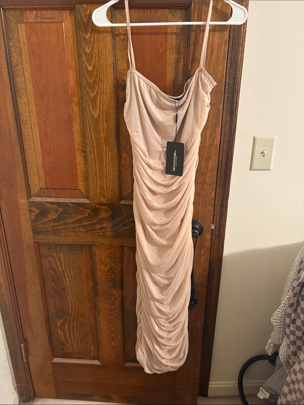 Pretty little thing Ruched Spaghetti-Strap Midi Dress in nude